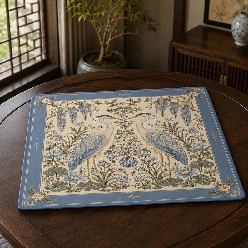 Heron Mahjong Mat, Blue Crane Chinoiserie Game Mat with Wisteria Lotus Design, Non-Slip Mah Jongg Table Cover