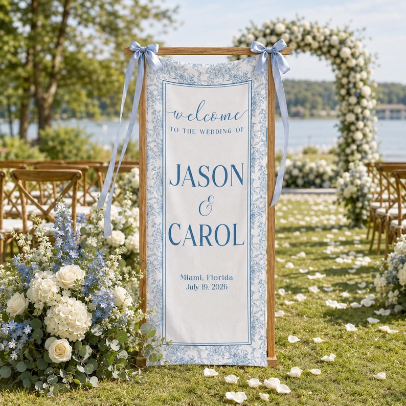 Personalized Wedding Welcome Sign, Toile Vertical Wedding Banner, Wedding Signage With Names