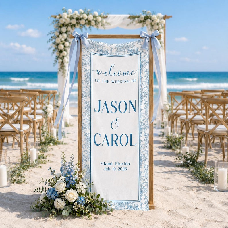 Personalized Wedding Welcome Sign, Toile Vertical Wedding Banner, Wedding Signage With Names