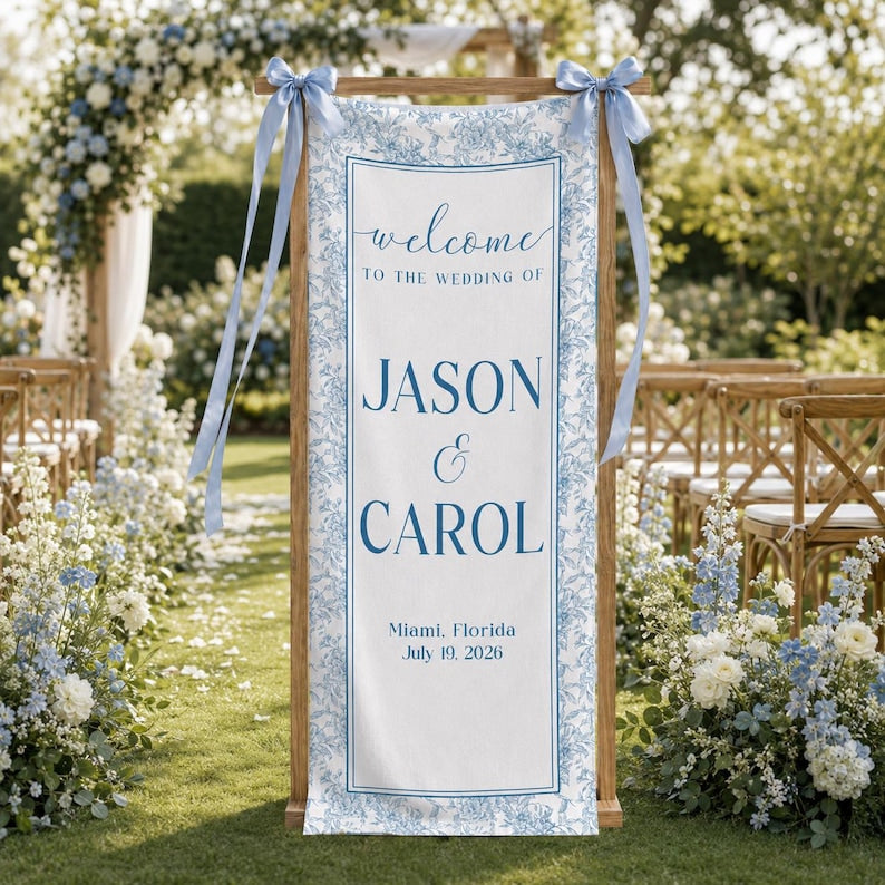 Personalized Wedding Welcome Sign, Toile Vertical Wedding Banner, Wedding Signage With Names
