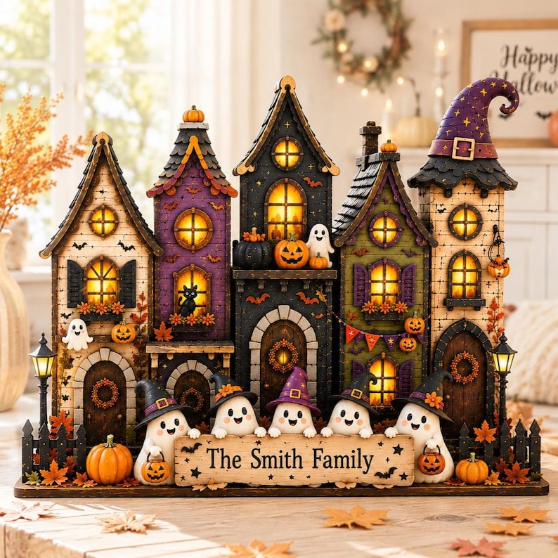 Personalized Village Halloween House Wood Sign, Custom Spooky Ghost Family Shelf Display