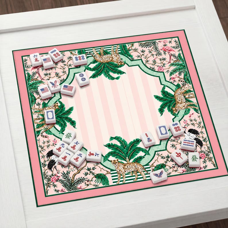 Tropical Cheetah Mahjong Mat, Pink Palm Chinoiserie Game Pad, Safari Resort Style