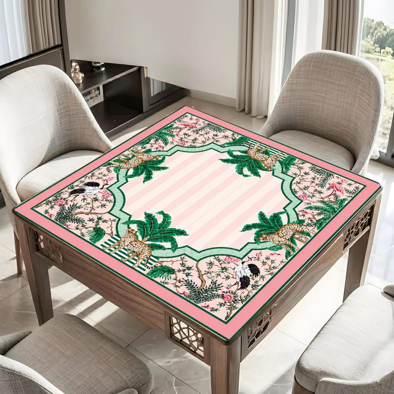 Tropical Cheetah Mahjong Mat, Pink Palm Chinoiserie Game Pad, Safari Resort Style