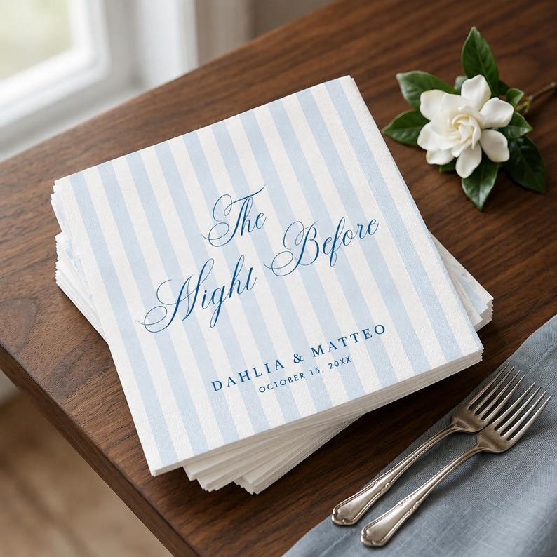 Personalized Rehearsal Dinner Napkins, Custom Text Cocktail Napkins, The Night Before Wedding, Blue Stripe Decor