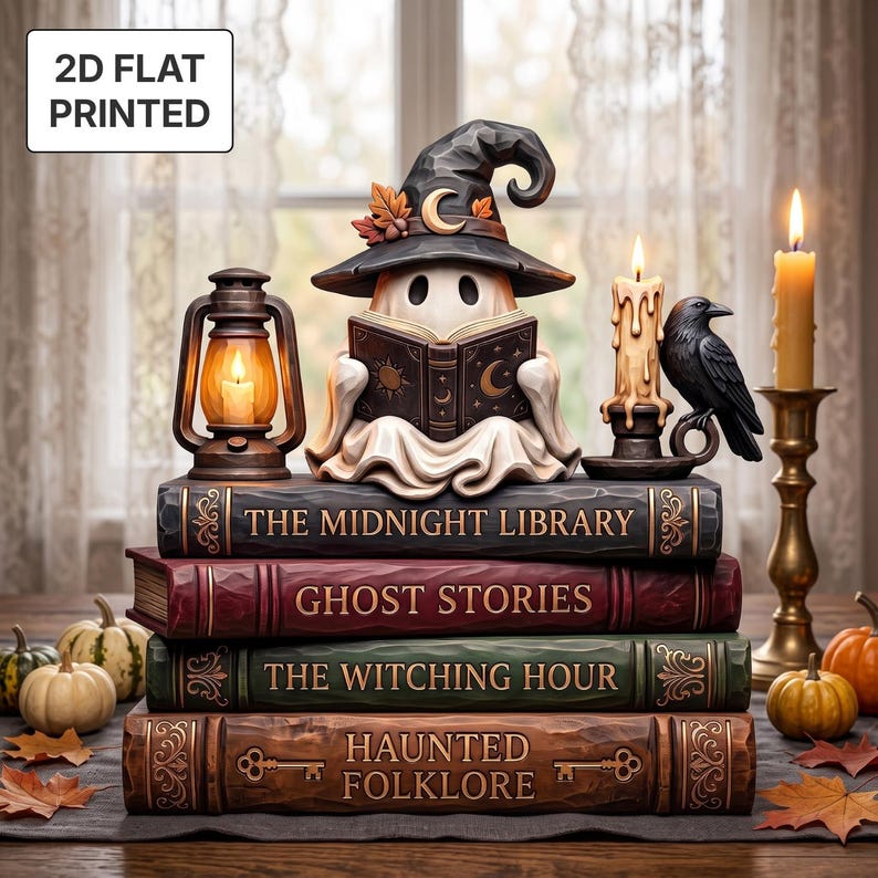 Personalized Witch Ghost Reader 2D FLAT Wooden Block, Custom Book Lover Gift, Halloween Decor