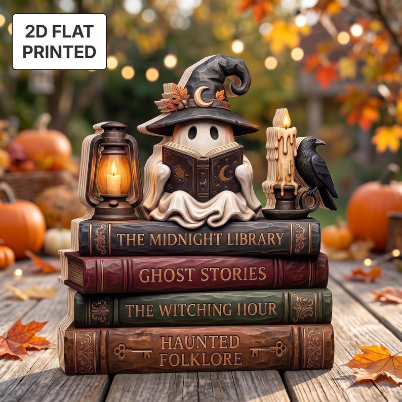 Personalized Witch Ghost Reader 2D FLAT Wooden Block, Custom Book Lover Gift, Halloween Decor