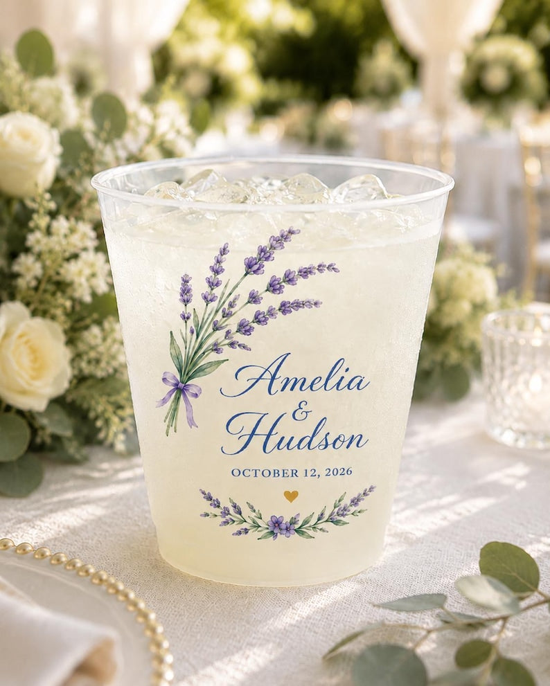Custom Frosted Cups, Personalized Lavender Wedding Cups, Bride Groom Floral Drinkware