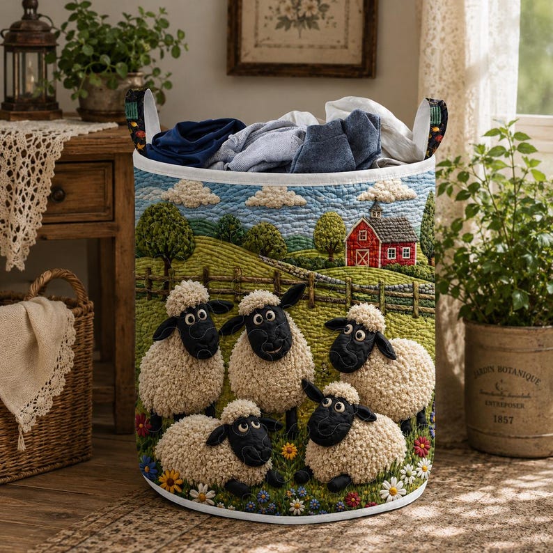 Black Face Sheep Quilted Laundry Basket, Personalized Fabric Storage Basket, Farm Animal Laundry Hamper