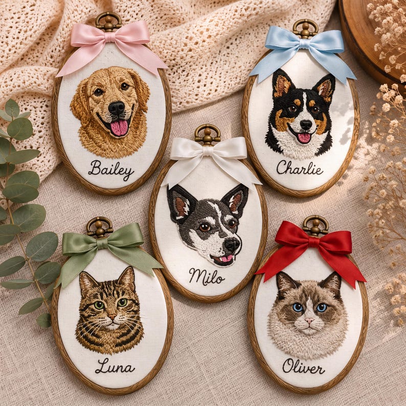 Personalized Pet Portrait Embroidery Hoop, Custom Dog Cat Portrait from Photo, Pet Memorial Gift