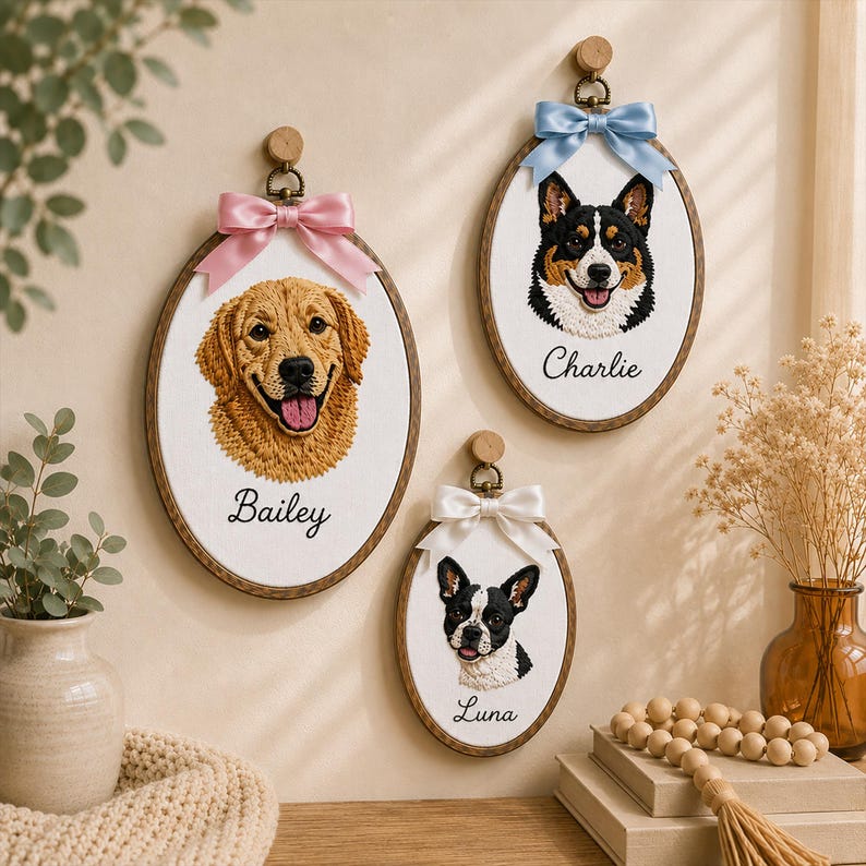 Personalized Pet Portrait Embroidery Hoop, Custom Dog Cat Portrait from Photo, Pet Memorial Gift