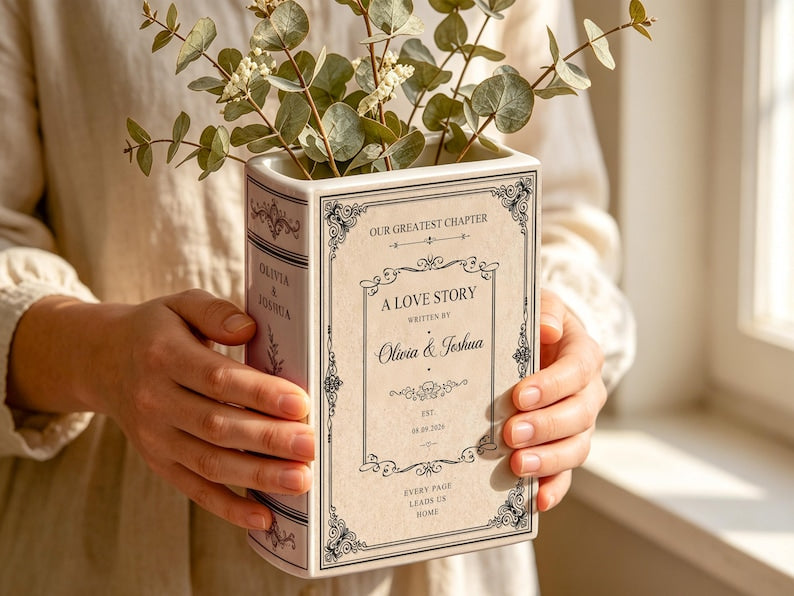 Book Shaped Vase, Personalised Toile De Jouy Ceramic Book Flower Vases