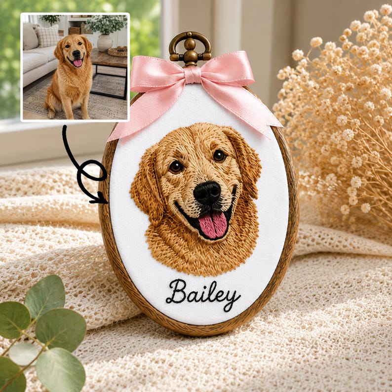 Personalized Pet Portrait Embroidery Hoop, Custom Dog Cat Portrait from Photo, Pet Memorial Gift