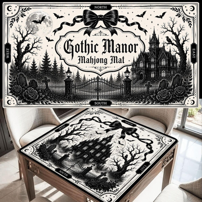 Gothic Manor Mahjong Mat, Haunted House Mahjong Mat, Halloween Mahjong Mat, Black and White Gothic Mahjong Mat