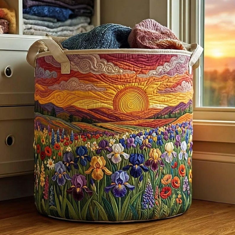 Wild Flower Field Quilted Laundry Basket, Colorful Botanical Hamper, Meadow Floral Storage Bin