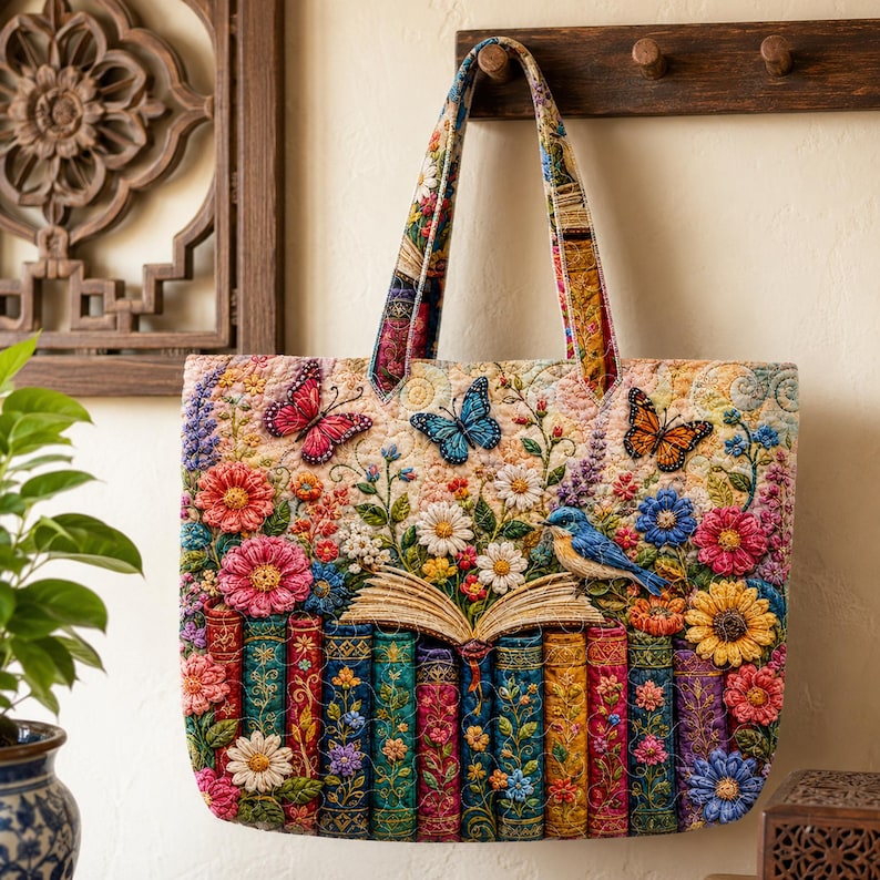 Personalized Book Lover Butterfly Quilted Tote Bag, Colorful Floral Library Tote Bag, Garden Reading Tote