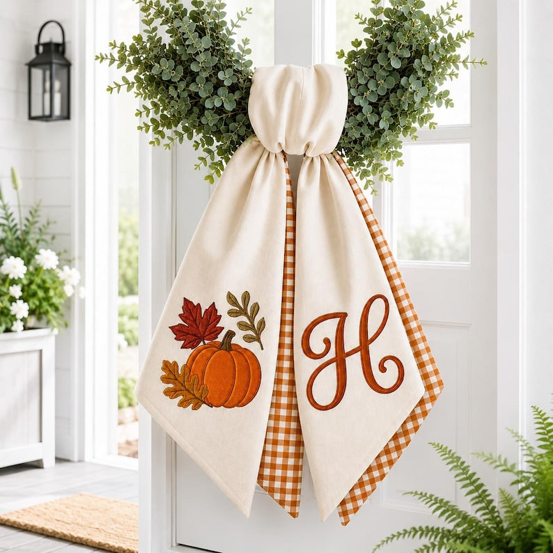 Custom Monogram Pumpkin Wreath Sash, Personalized Fall Door Decor, Autumn Thanksgiving Accent