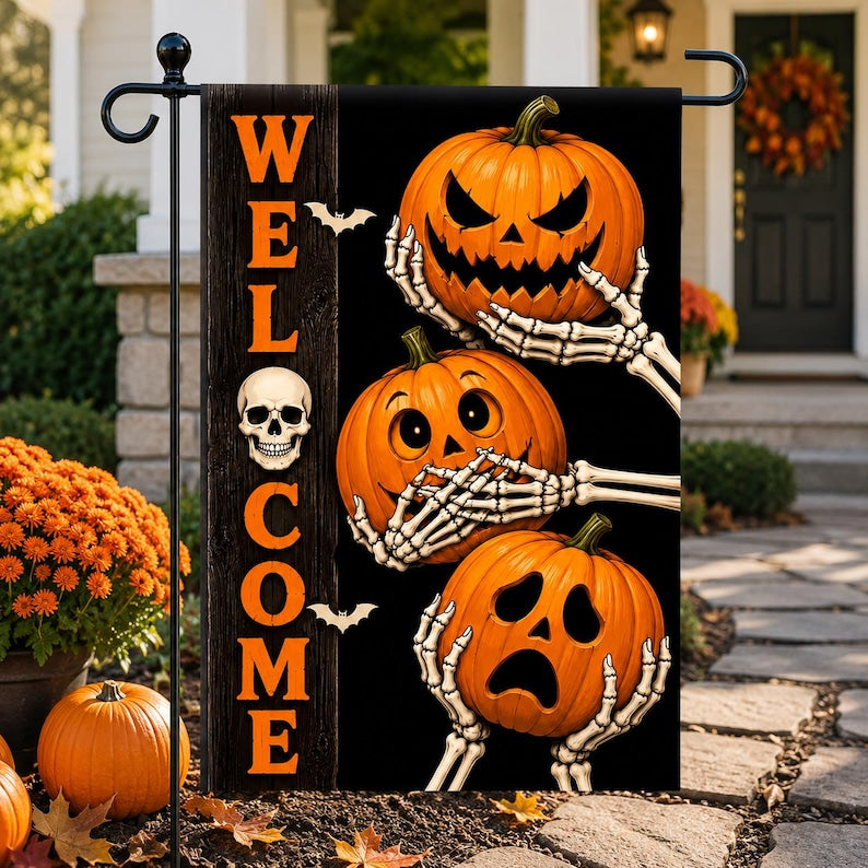 Funny Halloween Garden Flag, Pumpkin Skeleton Welcome Yard Decor, Jack O Lantern Outdoor Flag