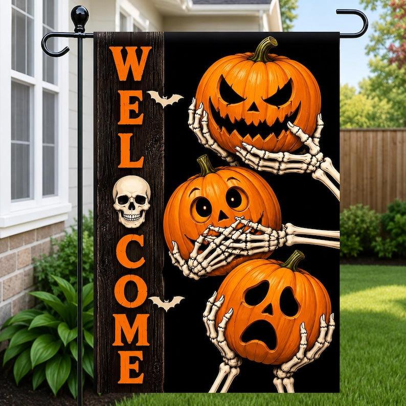 Funny Halloween Garden Flag, Pumpkin Skeleton Welcome Yard Decor, Jack O Lantern Outdoor Flag