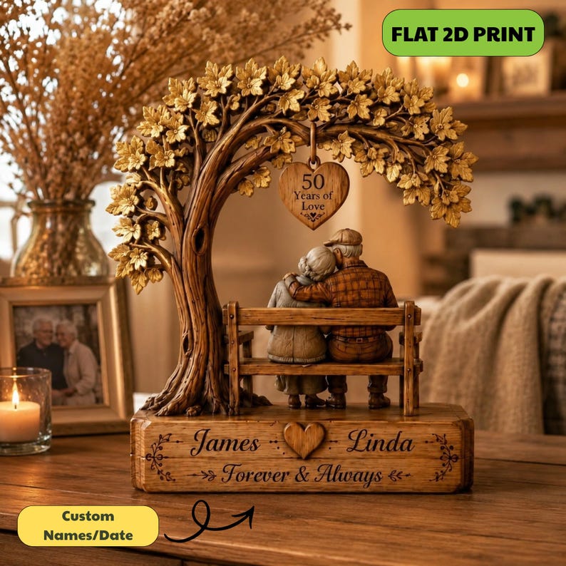 Personalized 50th Anniversary Wooden Block, Golden Couple Keepsake, Parents Bench Gift