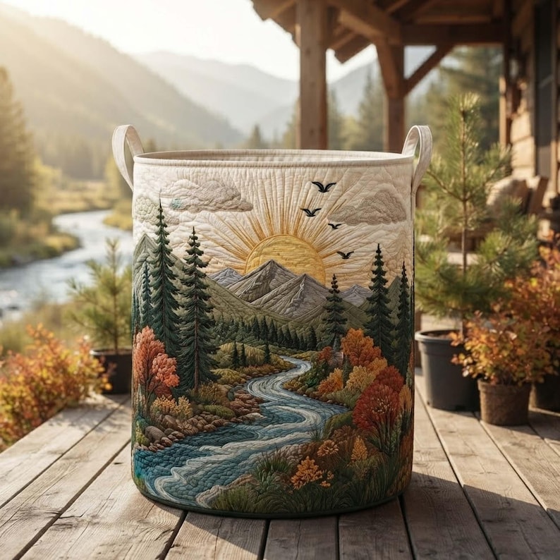 Majestic Mountain Quilted Laundry Basket, Nature Landscape Hamper, Forest Sunset Storage Bin