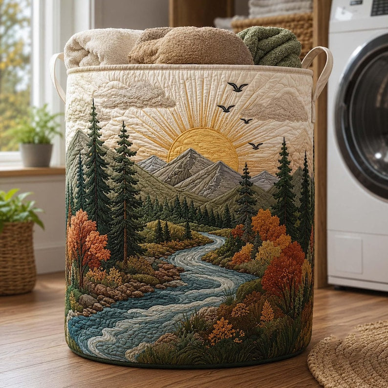 Majestic Mountain Quilted Laundry Basket, Nature Landscape Hamper, Forest Sunset Storage Bin
