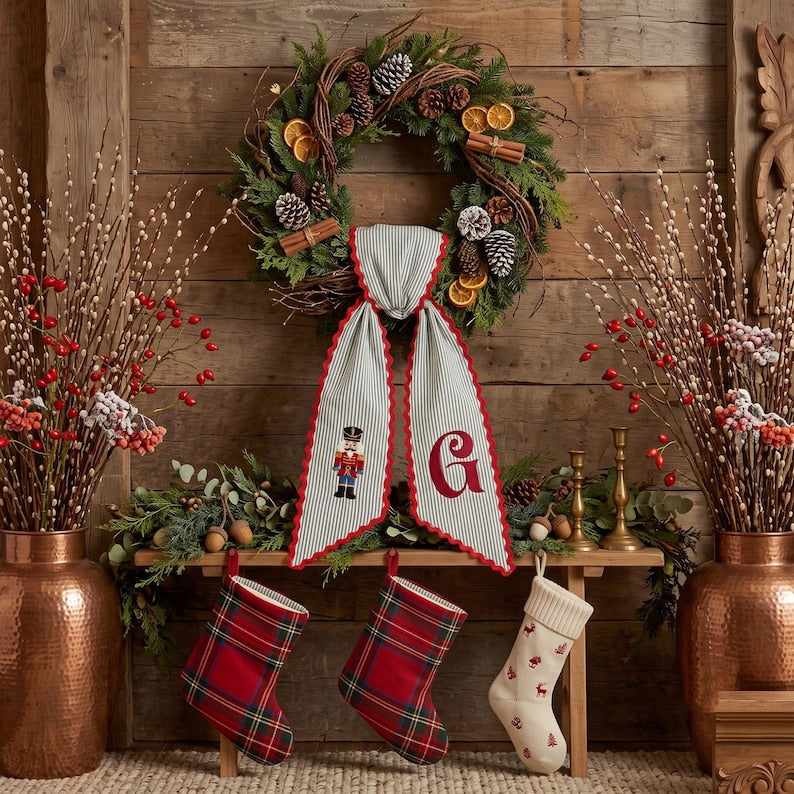Personalized Christmas Tree Wreath Sash, Embroidered Holiday Decor, Christmas Front Door Decor