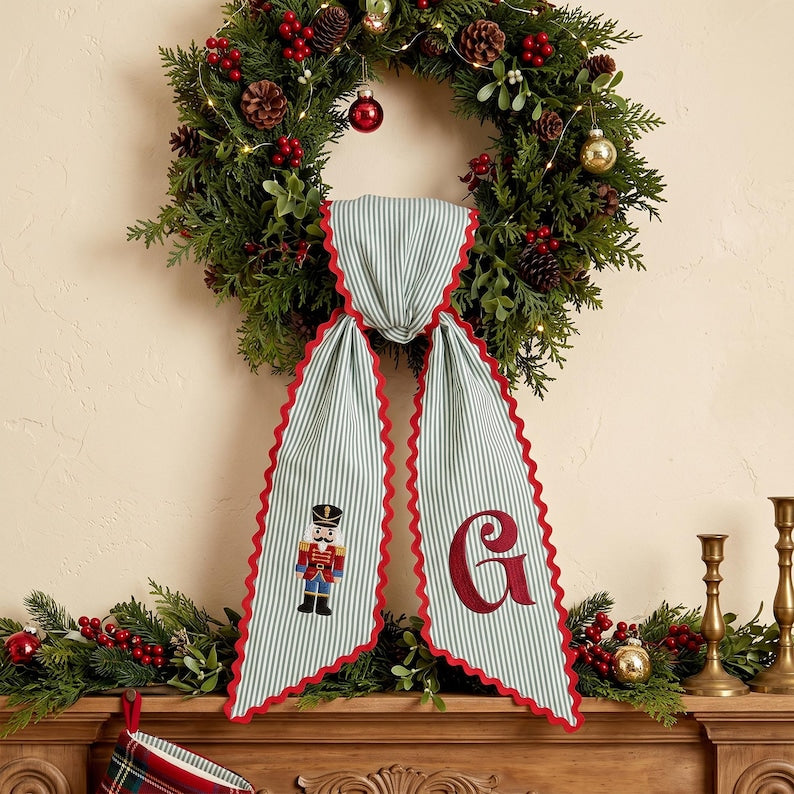 Personalized Christmas Tree Wreath Sash, Embroidered Holiday Decor, Christmas Front Door Decor