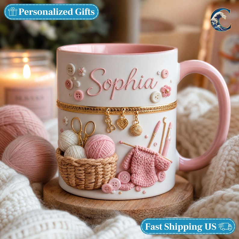 Custom Name Knitting Lover Mug, Crochet Yarn Basket Coffee Mug, Knitter Gift Mug, Pink Gold Yarn Lover Mug