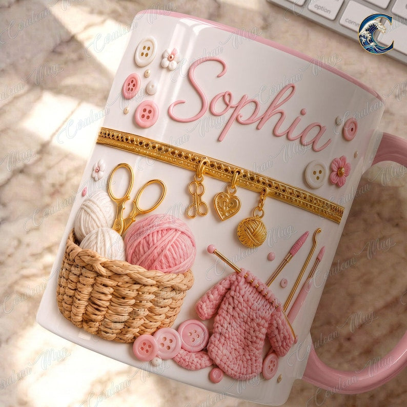Custom Name Knitting Lover Mug, Crochet Yarn Basket Coffee Mug, Knitter Gift Mug, Pink Gold Yarn Lover Mug