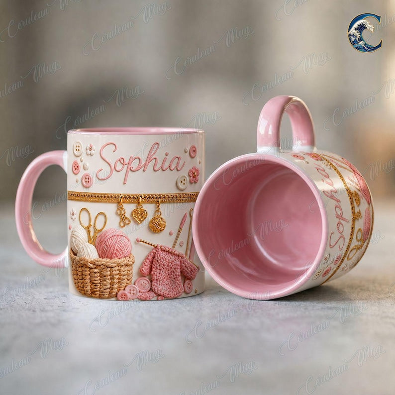 Custom Name Knitting Lover Mug, Crochet Yarn Basket Coffee Mug, Knitter Gift Mug, Pink Gold Yarn Lover Mug