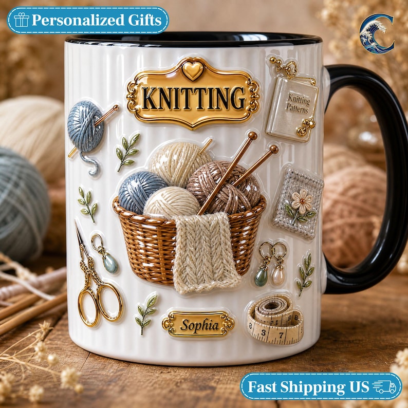 Custom Name Knitting Pattern Mug, Yarn Basket Knitter Coffee Mug, Boho Knitting Lover Gift Mug
