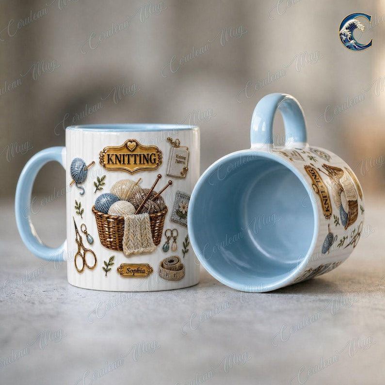 Custom Name Knitting Pattern Mug, Yarn Basket Knitter Coffee Mug, Boho Knitting Lover Gift Mug