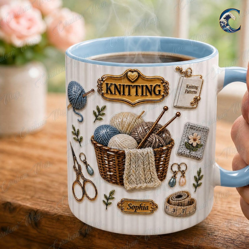 Custom Name Knitting Pattern Mug, Yarn Basket Knitter Coffee Mug, Boho Knitting Lover Gift Mug