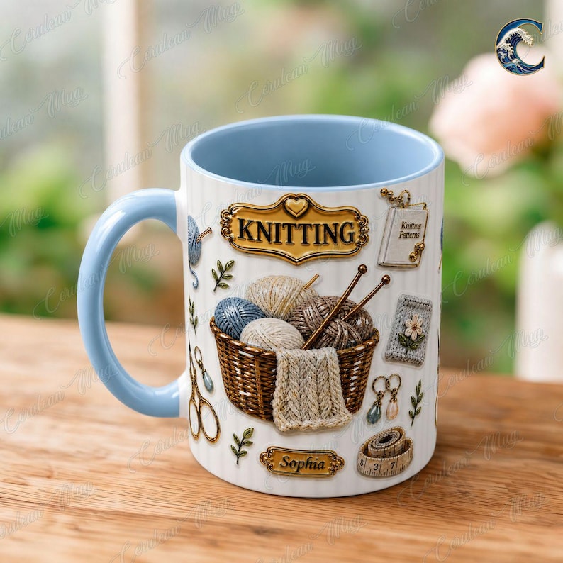 Custom Name Knitting Pattern Mug, Yarn Basket Knitter Coffee Mug, Boho Knitting Lover Gift Mug