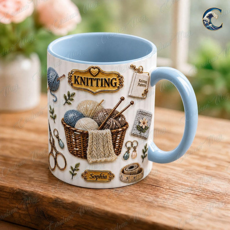 Custom Name Knitting Pattern Mug, Yarn Basket Knitter Coffee Mug, Boho Knitting Lover Gift Mug