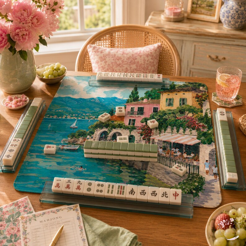 Lake Como Mahjong Mat, American Mahjong Mat, Italian Lakeside Village Mahjong Table Mat, Mediterranean Coastal Decor