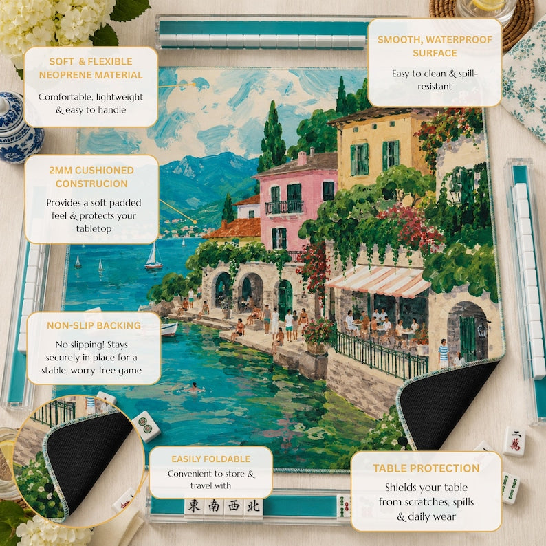 Lake Como Mahjong Mat, American Mahjong Mat, Italian Lakeside Village Mahjong Table Mat, Mediterranean Coastal Decor