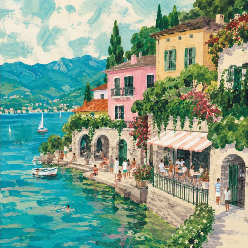 Lake Como Mahjong Mat, American Mahjong Mat, Italian Lakeside Village Mahjong Table Mat, Mediterranean Coastal Decor
