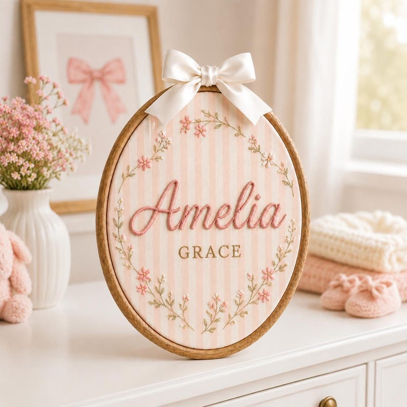 Personalized Floral Name Embroidery Hoop, Pink Gingham Nursery Decor, Baby Shower Keepsake