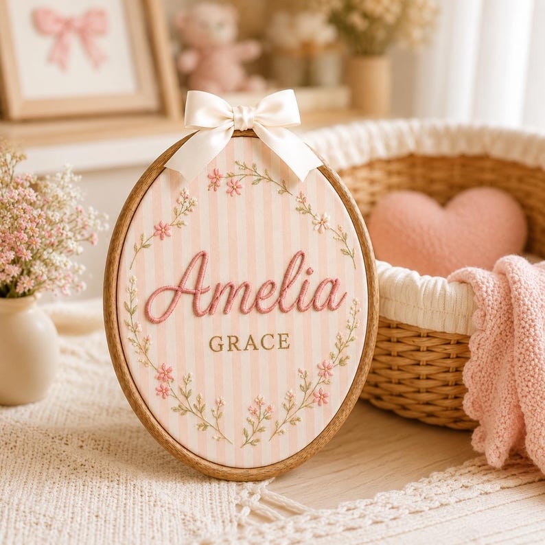 Personalized Floral Name Embroidery Hoop, Pink Gingham Nursery Decor, Baby Shower Keepsake