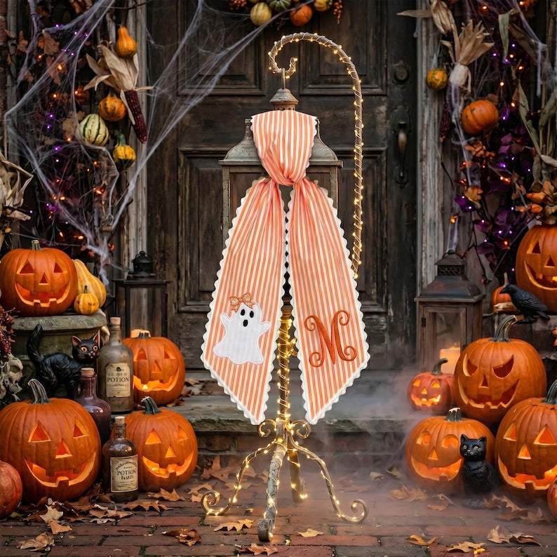Personalized Halloween Tree Wreath Sash, Ghost Door Sash, Custom Name Embroidered Holiday Decor