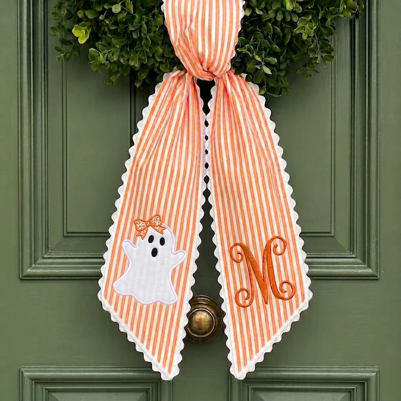 Personalized Halloween Tree Wreath Sash, Ghost Door Sash, Custom Name Embroidered Holiday Decor