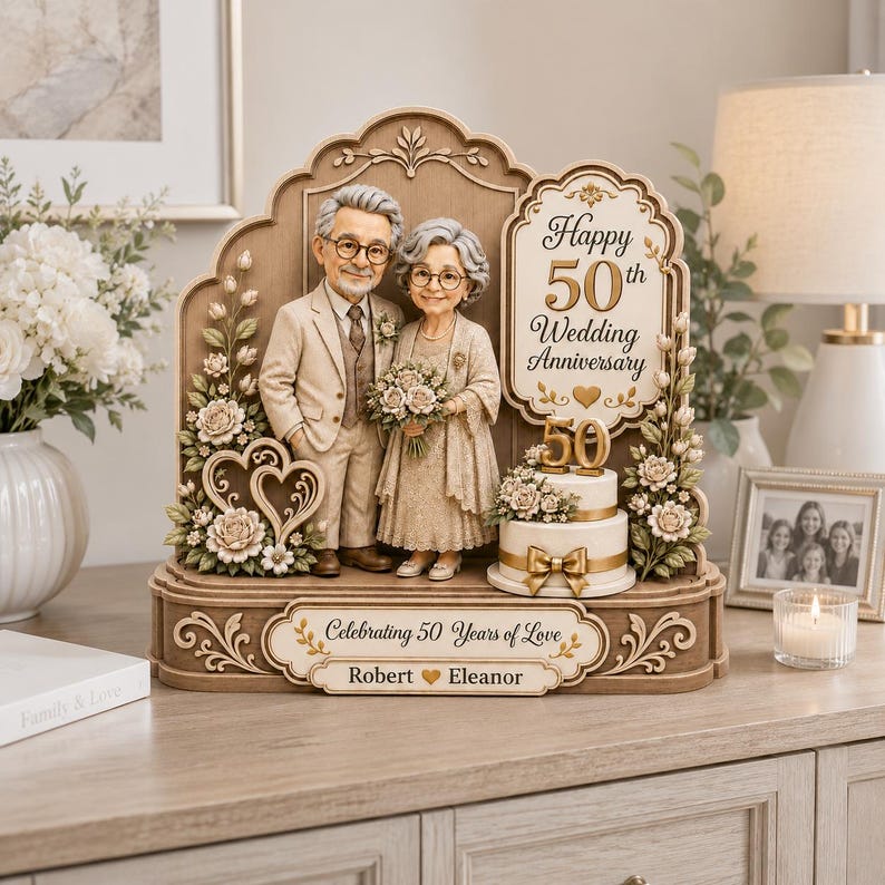Personalized 50th Anniversary Wooden Block, Golden Wedding Sculpture, Custom Couple Photo Keepsake
