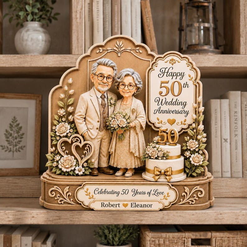 Personalized 50th Anniversary Wooden Block, Golden Wedding Sculpture, Custom Couple Photo Keepsake