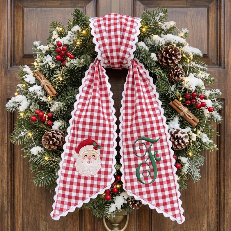 Personalized Christmas Santa Wreath Sash, Stripe Front Door Ric Rac Bow, Embroidered Holiday Decor, Xmas Gift