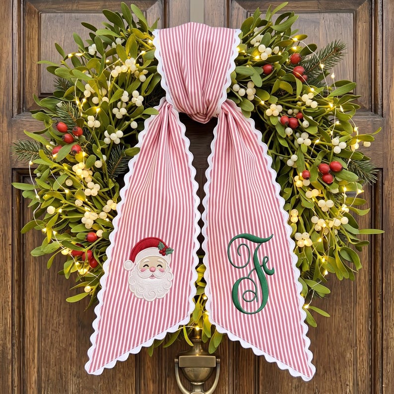 Personalized Christmas Santa Wreath Sash, Stripe Front Door Ric Rac Bow, Embroidered Holiday Decor, Xmas Gift