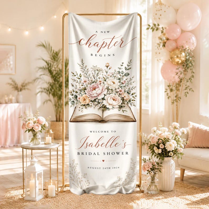Personalized Bridal Shower Banner, A New Chapter Book Theme, Floral Sign, Storybook Bride Decor