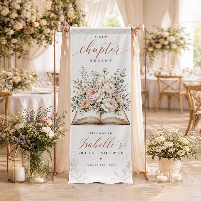 Personalized Bridal Shower Banner, A New Chapter Book Theme, Floral Sign, Storybook Bride Decor