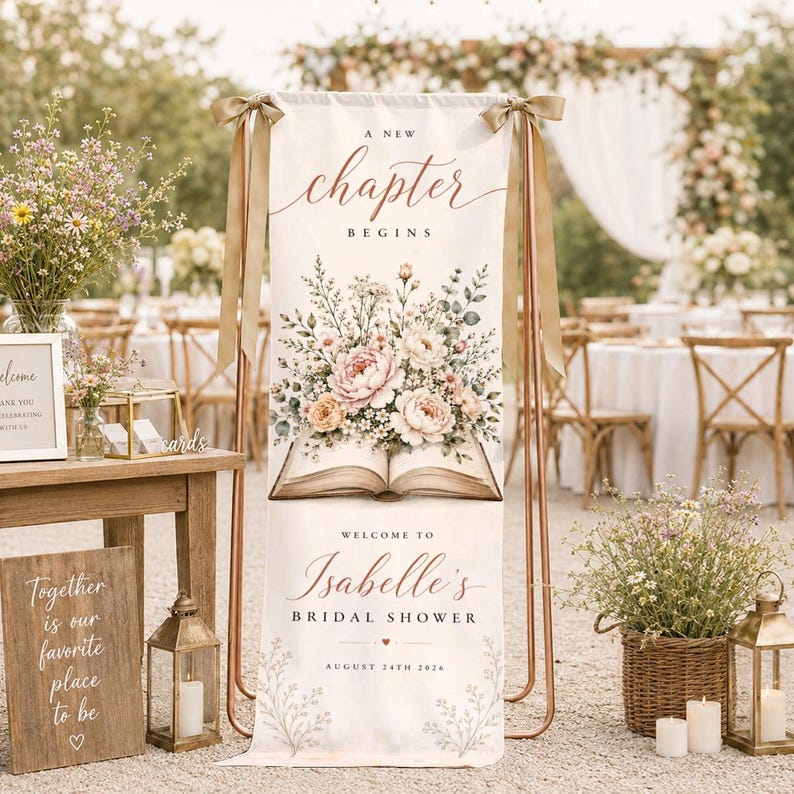 Personalized Bridal Shower Banner, A New Chapter Book Theme, Floral Sign, Storybook Bride Decor