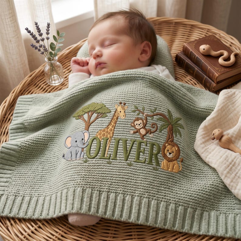 Personalized Embroidered Lion Baby Blanket Name, Custom Name Giraffe Safari Newborn Gift